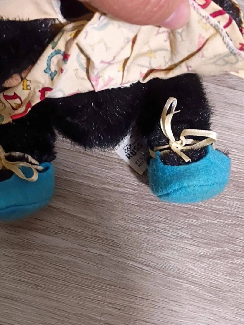 Russ Black Plush Bear in Alphabet‎ Dress with Blue Shoes